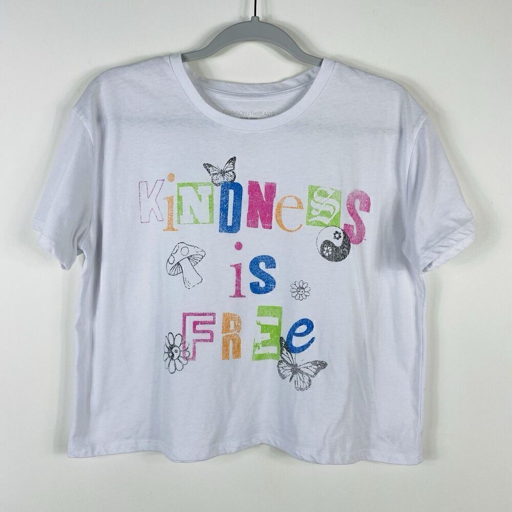 Grayson Threads Size Medium Kindness Is Free Cropped Graphic Tee Top White